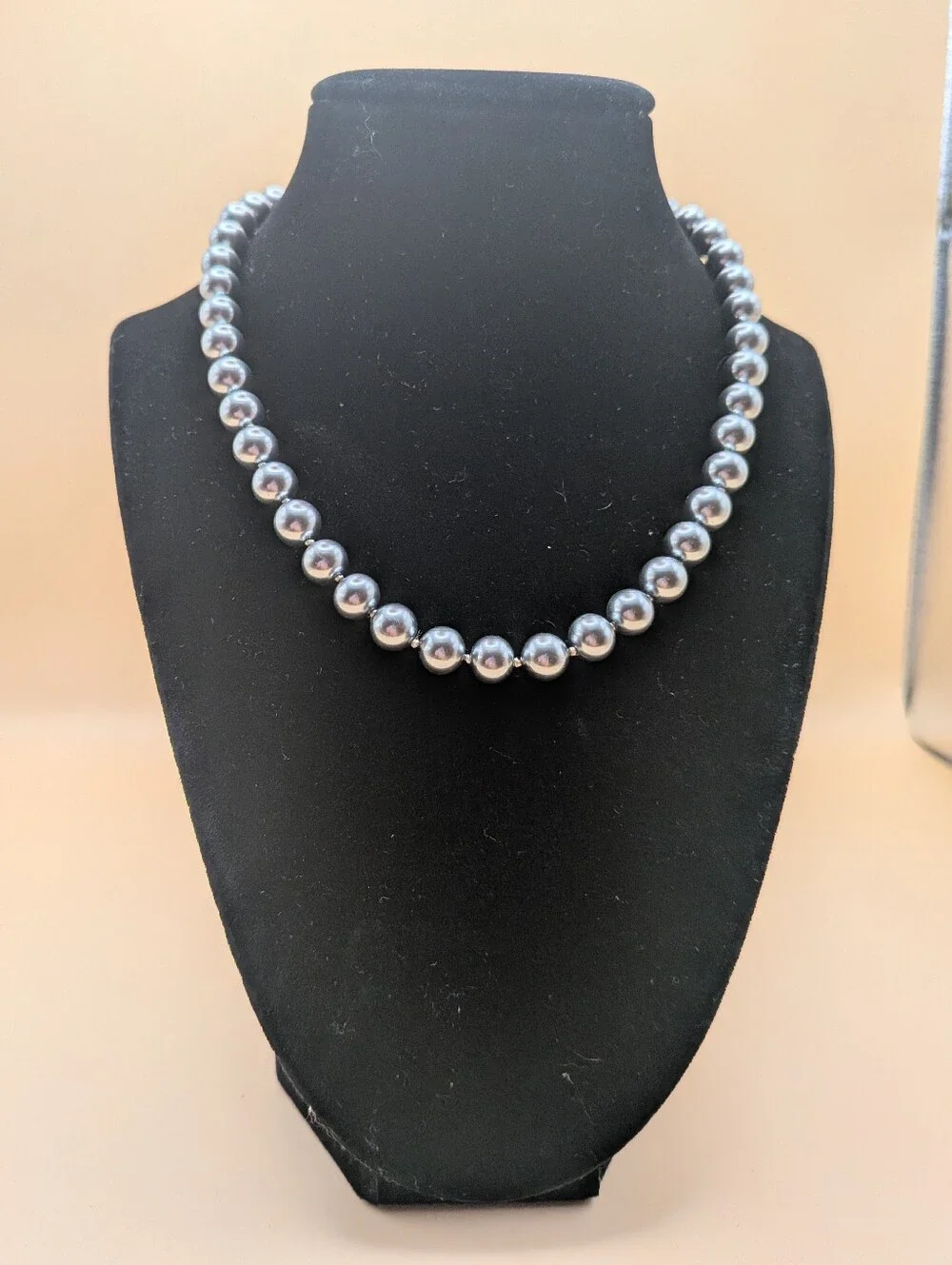 Vintage Silver Colored Faux Metallic Pearl Beaded Necklace Stamped Japan